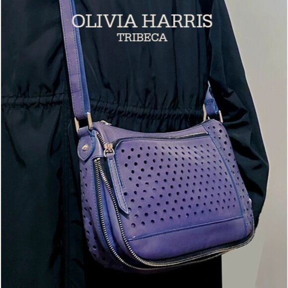 Vintage OLIVIA HARRIS Tribeca Y2K blue perforated genuine leather east-west bag - Picture 1 of 4